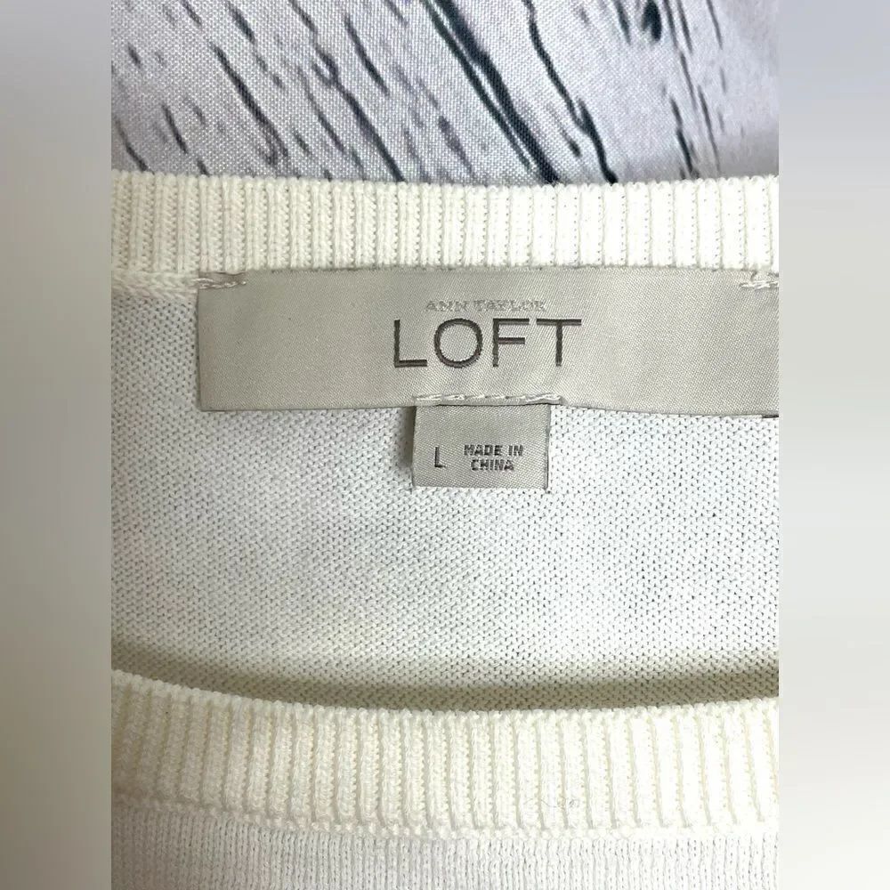 Loft Ivory Cotton Crewneck Sweater with Polyester Sleeves L - Picture 6 of 7